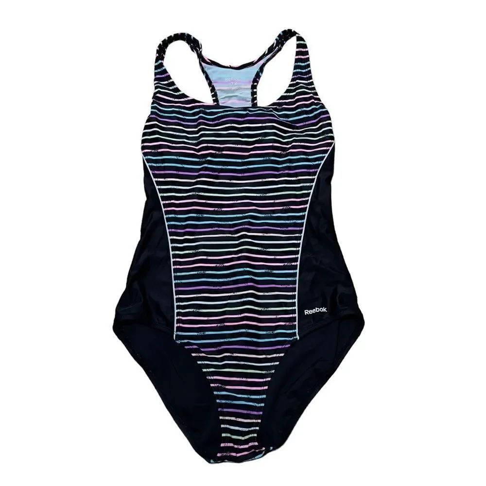 Reebok Swim Colorful Dimension Stripe & Black One-Piece Swimsuit Size 12